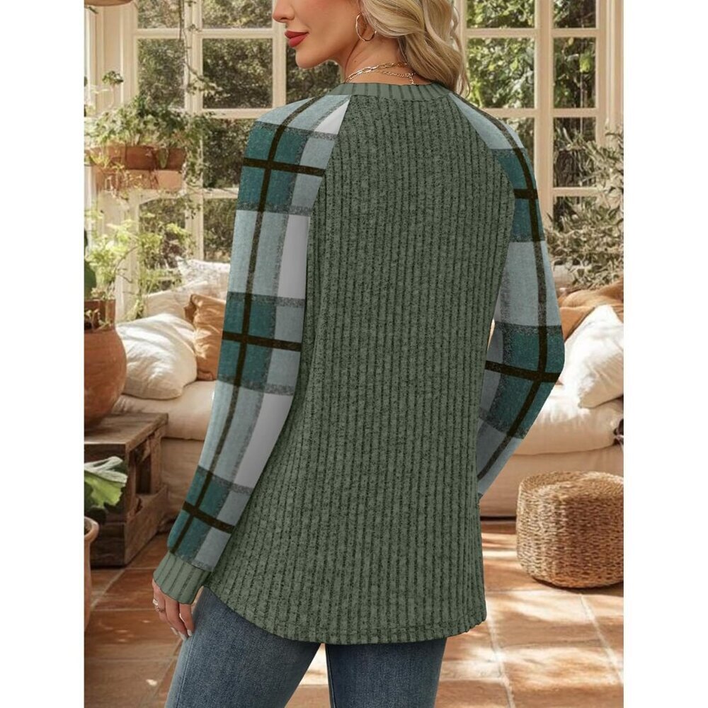 Women's green Plaid  Color Block Long Sleeve Shirt Lightweight Sweater - Picture 5 of 5